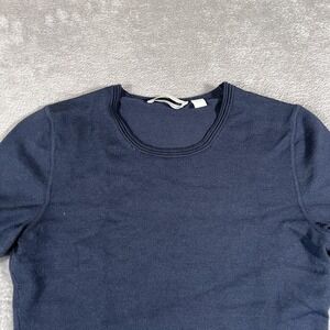 BOSS Sweater Womens Medium‎ Navy Blue Merino Superfine Pleated Hem Short Sleeve